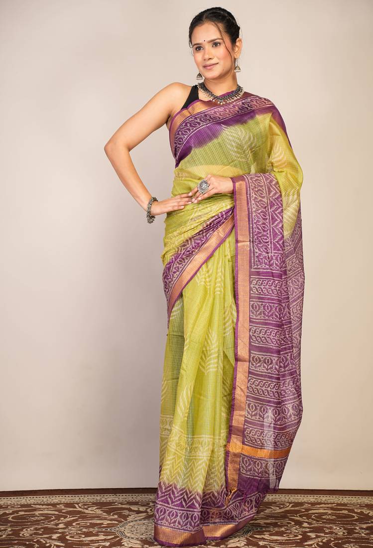 green & violet zari work kota doria kota doria ethnic saree with unstitched blouse