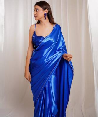 Oceanic opulence royal blue cutdana border satin embroidered saree with stitched sequin blouse 2