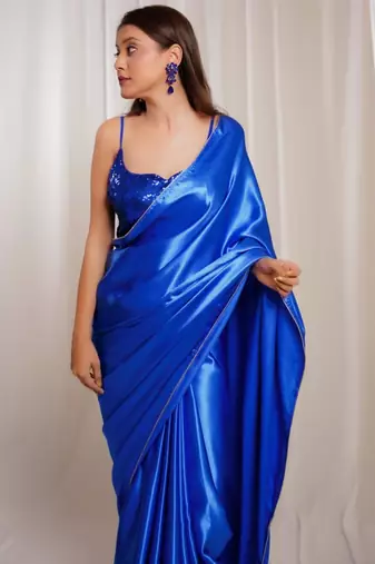 Oceanic opulence royal blue cutdana border satin embroidered saree with stitched sequin blouse