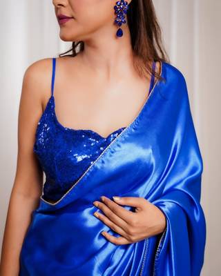 Oceanic opulence royal blue cutdana border satin embroidered saree with stitched sequin blouse 3