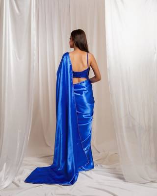 Oceanic opulence royal blue cutdana border satin embroidered saree with stitched sequin blouse 4