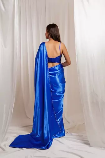 Oceanic opulence royal blue cutdana border satin embroidered saree with stitched sequin blouse