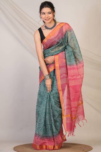 teal & pink zari work kota doria kota doria ethnic saree with unstitched blouse