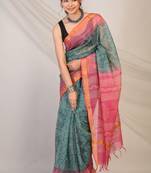 teal & pink zari work kota doria kota doria ethnic saree with unstitched blouse
