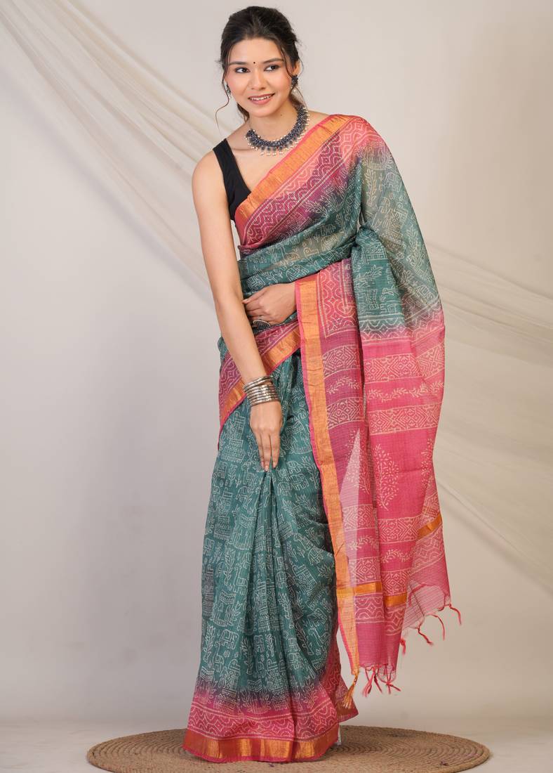 teal & pink zari work kota doria kota doria ethnic saree with unstitched blouse