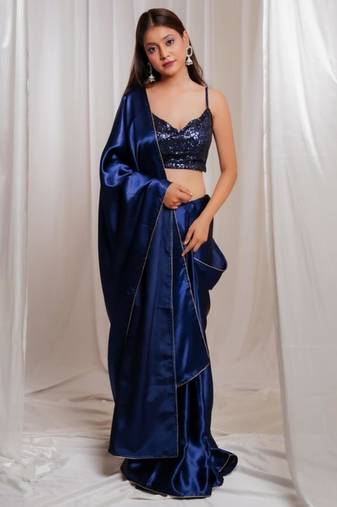 Midnight muse navy blue cutdana border satin embroidered saree with stitched sequin blouse