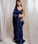 Midnight muse navy blue cutdana border satin embroidered saree with stitched sequin blouse