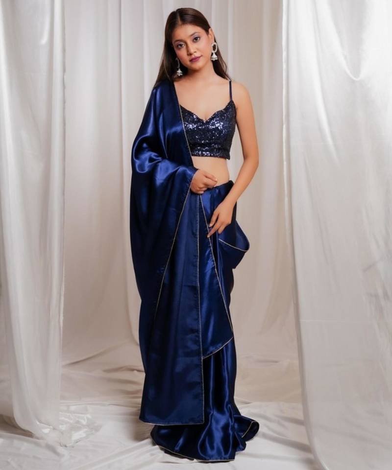 Midnight muse navy blue cutdana border satin embroidered saree with stitched sequin blouse
