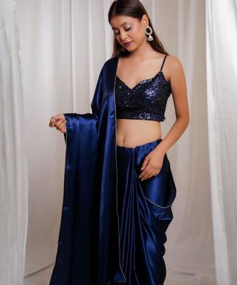 midnight muse navy blue cutdana border satin embroidered saree with stitched sequin blouse 2