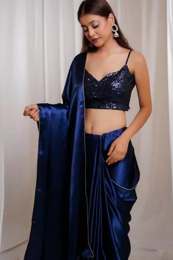 Midnight muse navy blue cutdana border satin embroidered saree with stitched sequin blouse