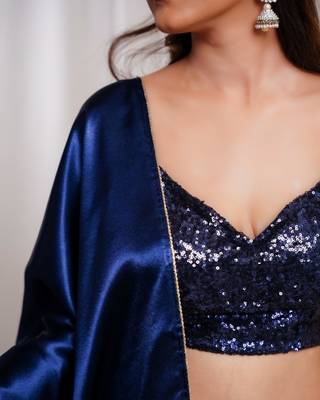 midnight muse navy blue cutdana border satin embroidered saree with stitched sequin blouse 3