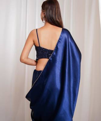midnight muse navy blue cutdana border satin embroidered saree with stitched sequin blouse 4