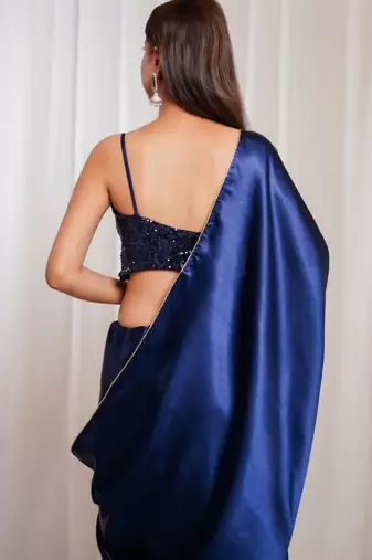Midnight muse navy blue cutdana border satin embroidered saree with stitched sequin blouse