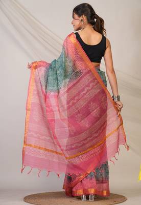 teal & pink zari work kota doria kota doria ethnic saree with unstitched blouse 2