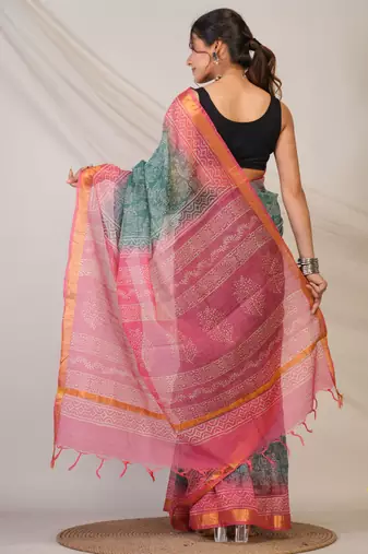 teal & pink zari work kota doria kota doria ethnic saree with unstitched blouse