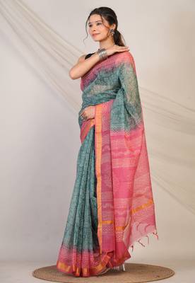 teal & pink zari work kota doria kota doria ethnic saree with unstitched blouse 3