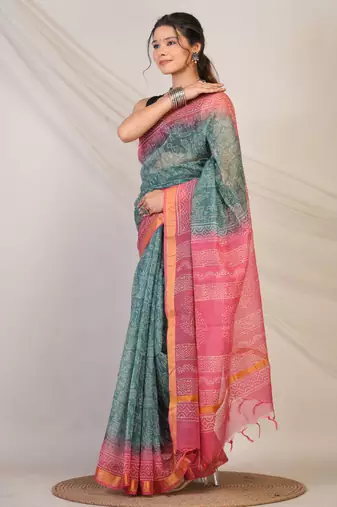 teal & pink zari work kota doria kota doria ethnic saree with unstitched blouse