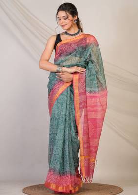 teal & pink zari work kota doria kota doria ethnic saree with unstitched blouse 4