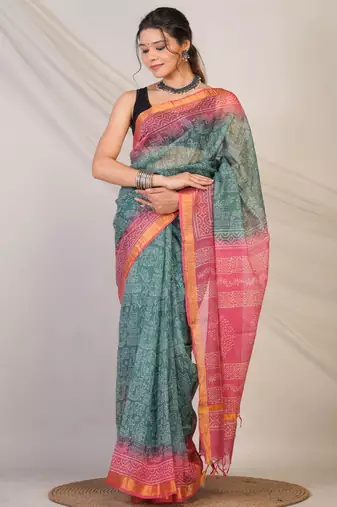 teal & pink zari work kota doria kota doria ethnic saree with unstitched blouse