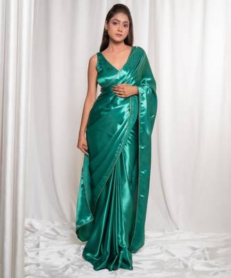 bottle green cutdana border satin embroidered saree with stitched blouse 1
