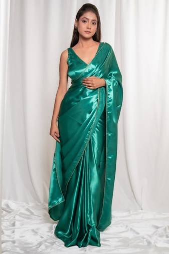 Bottle green cutdana border satin embroidered saree with stitched blouse