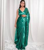 Bottle green cutdana border satin embroidered saree with stitched blouse