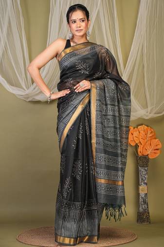 black & grey zari work kota doria kota doria ethnic saree with unstitched blouse