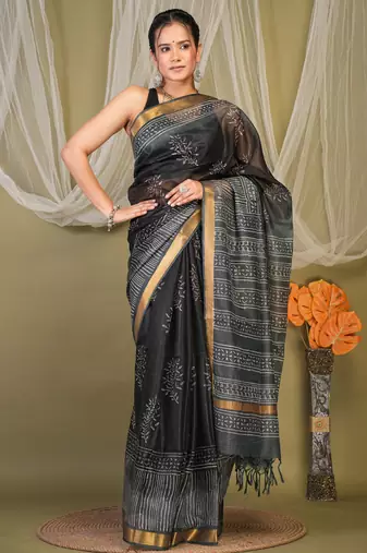 black & grey zari work kota doria kota doria ethnic saree with unstitched blouse