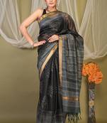 black & grey zari work kota doria kota doria ethnic saree with unstitched blouse