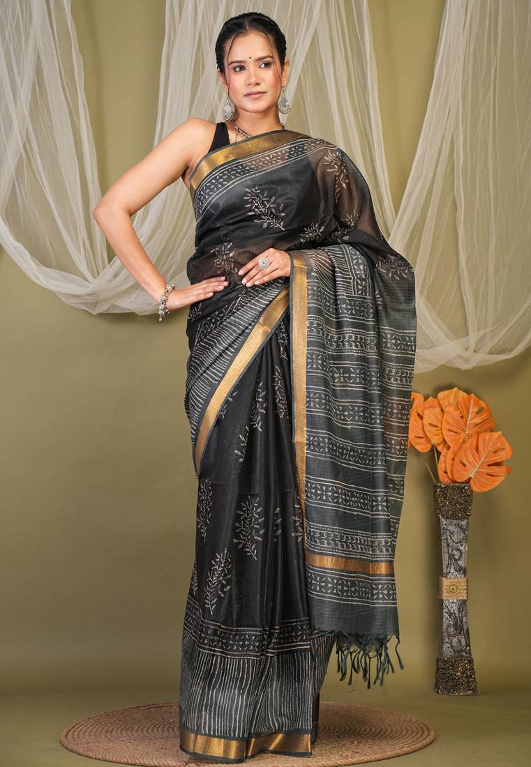 black & grey zari work kota doria kota doria ethnic saree with unstitched blouse