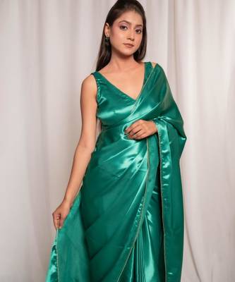 bottle green cutdana border satin embroidered saree with stitched blouse 2