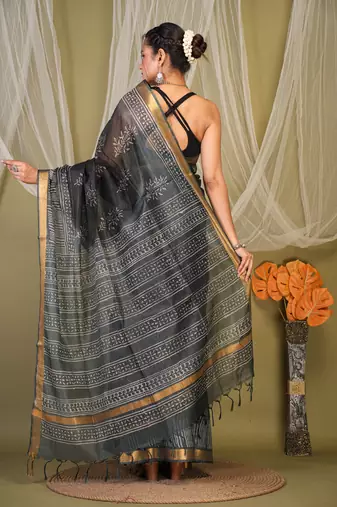 black & grey zari work kota doria kota doria ethnic saree with unstitched blouse