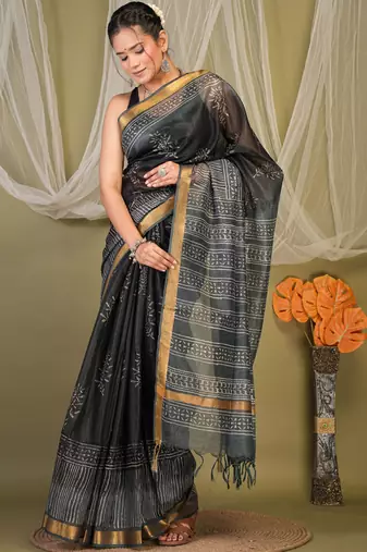 black & grey zari work kota doria kota doria ethnic saree with unstitched blouse