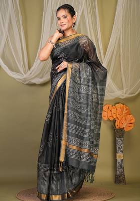 black & grey zari work kota doria kota doria ethnic saree with unstitched blouse 4