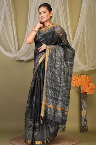 black & grey zari work kota doria kota doria ethnic saree with unstitched blouse