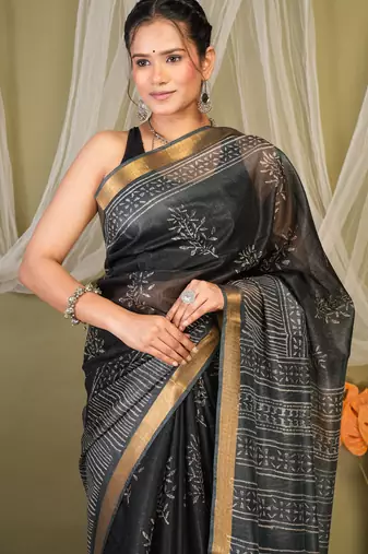 black & grey zari work kota doria kota doria ethnic saree with unstitched blouse
