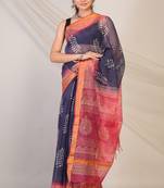 navy & pink zari work kota doria kota doria ethnic saree with unstitched blouse