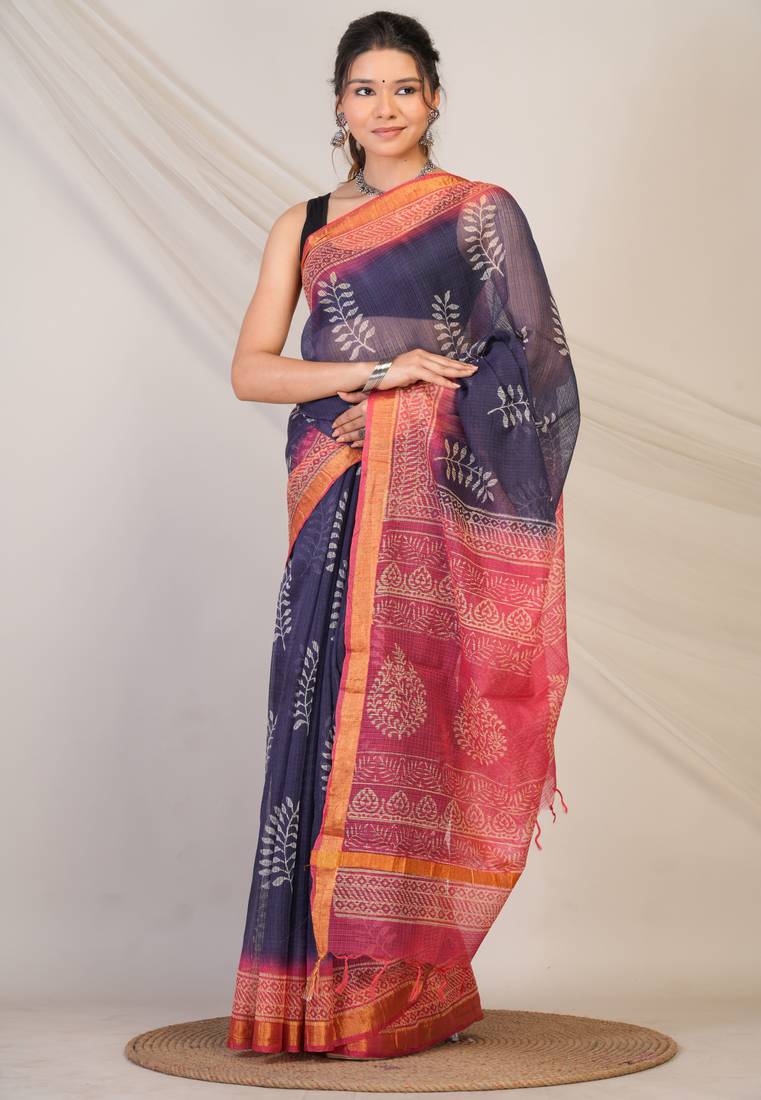 navy & pink zari work kota doria kota doria ethnic saree with unstitched blouse