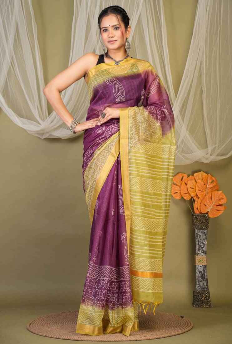 purple & green zari work kota doria kota doria ethnic saree with unstitched blouse