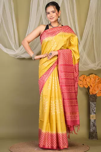yellow & red zari work cotton silk blend bhagalpuri ethnic saree with unstitched blouse