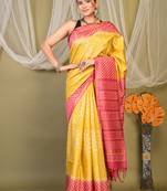 yellow & red zari work cotton silk blend bhagalpuri ethnic saree with unstitched blouse