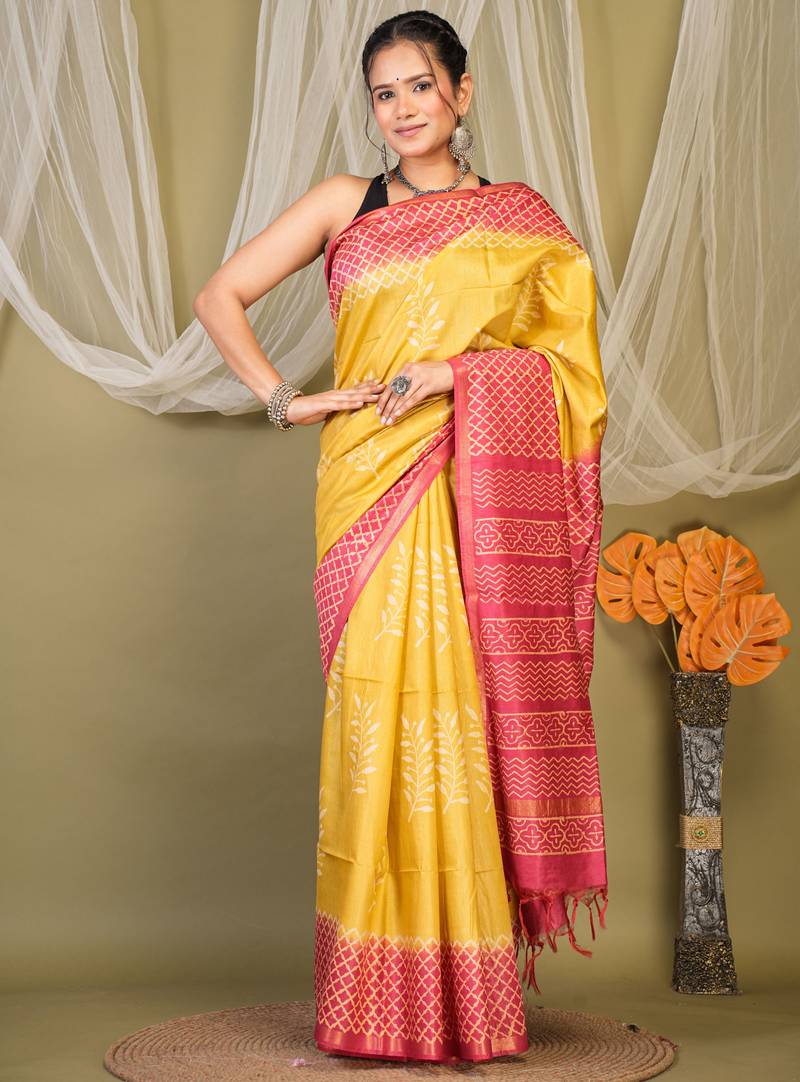 yellow & red zari work cotton silk blend bhagalpuri ethnic saree with unstitched blouse