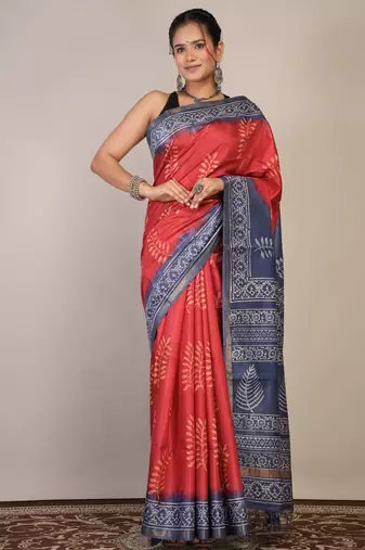 red & blue zari work cotton silk blend bhagalpuri ethnic saree with unstitched blouse