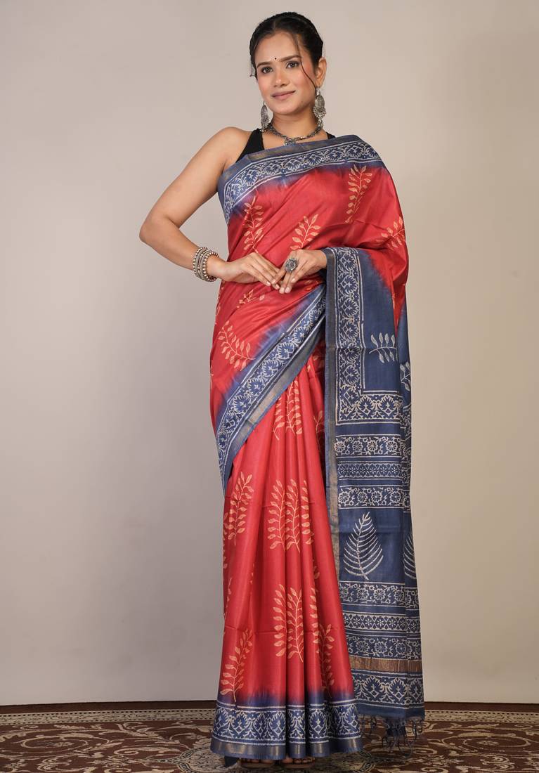 red & blue zari work cotton silk blend bhagalpuri ethnic saree with unstitched blouse