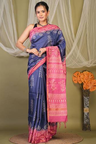 navy & pink zari work cotton silk blend bhagalpuri ethnic saree with unstitched blouse