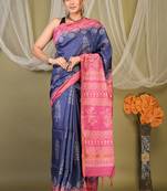 navy & pink zari work cotton silk blend bhagalpuri ethnic saree with unstitched blouse