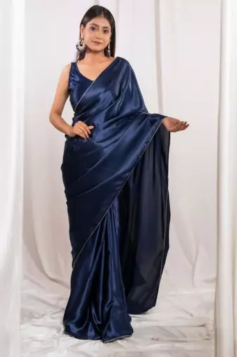 Navy blue cutdana border satin embroidered saree with stitched blouse