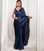 Navy blue cutdana border satin embroidered saree with stitched blouse