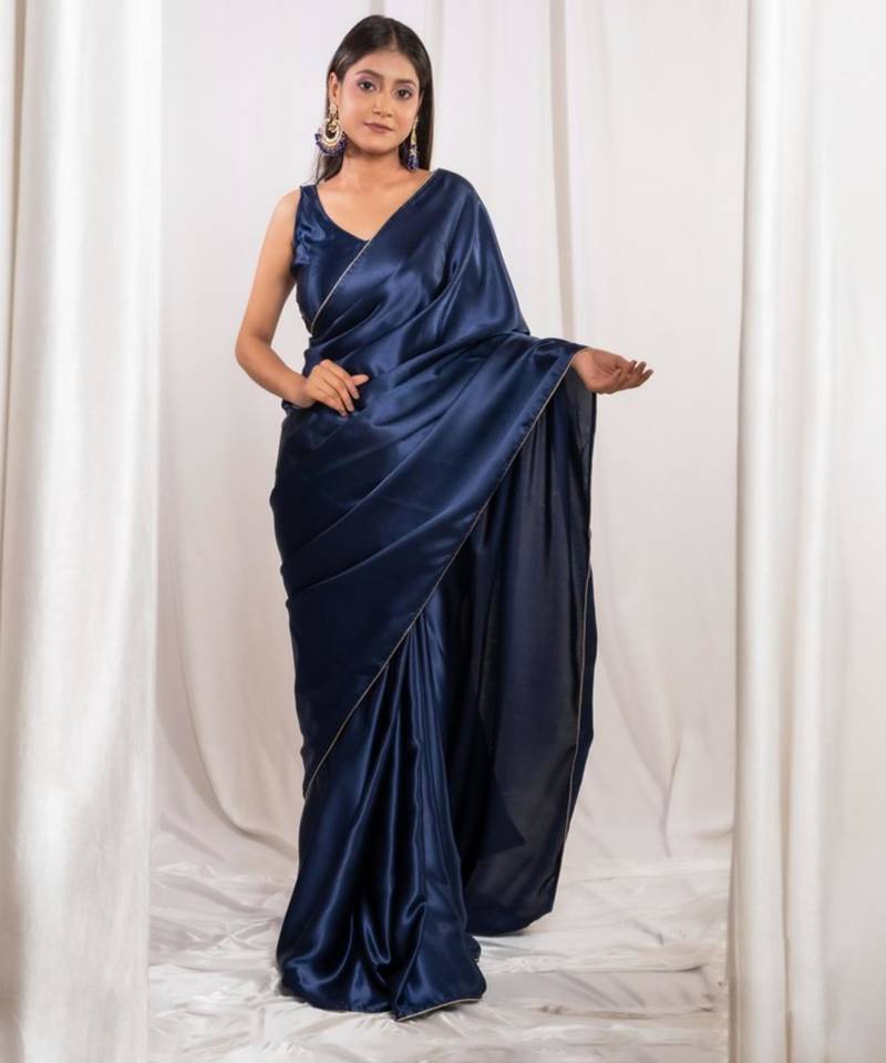 Navy blue cutdana border satin embroidered saree with stitched blouse