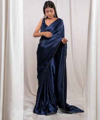 navy blue cutdana border satin embroidered saree with stitched blouse 2